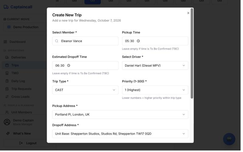 Create New Trip form with member, pickup time, driver and addresses filled