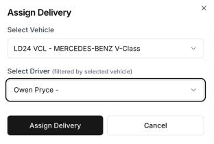 Assign Delivery dialog with a van selected and a driver filtered by that vehicle