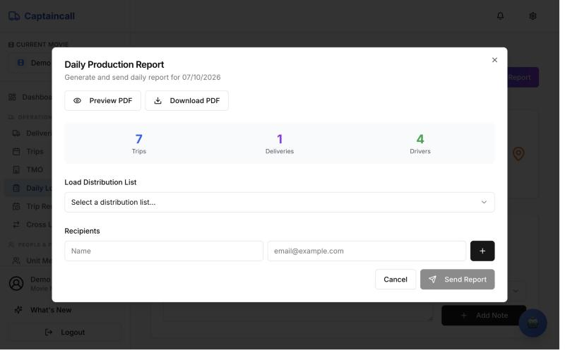 Daily production report dialog with PDF preview, download and recipients