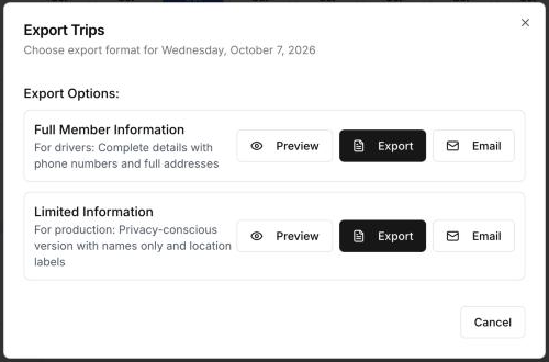 Export Trips dialog with full and limited versions, each with Preview, Export and Email