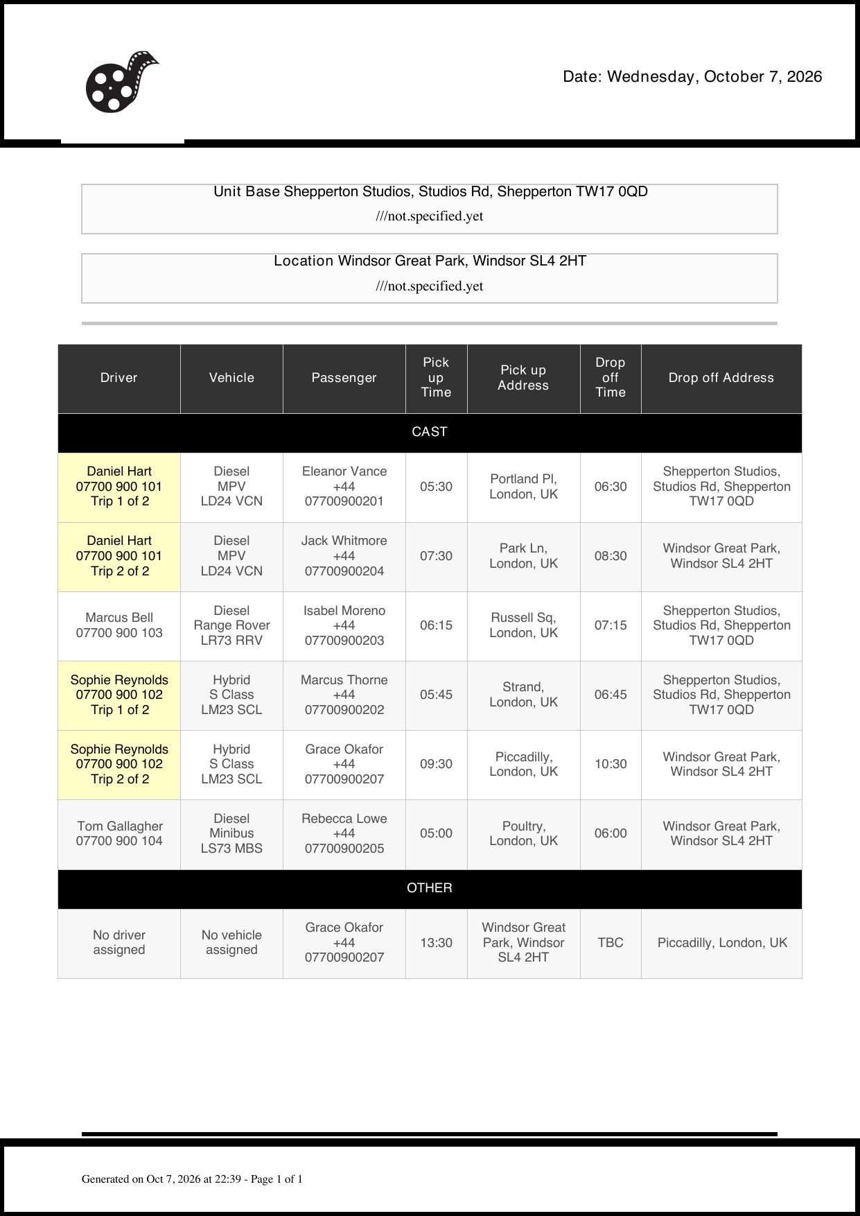 Full transport sheet PDF with driver phones, vehicles, passengers, times and addresses