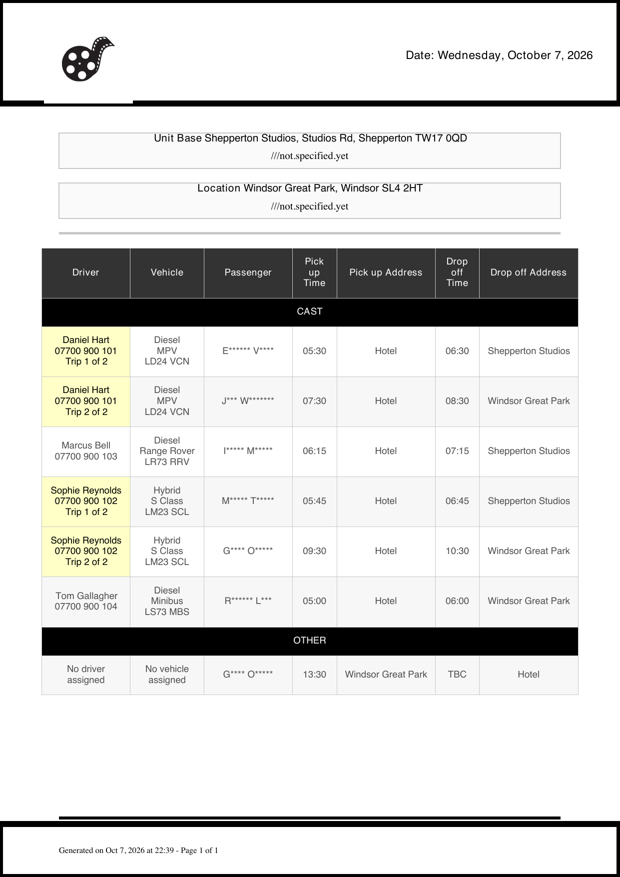 Limited transport sheet PDF with masked passenger names and location labels